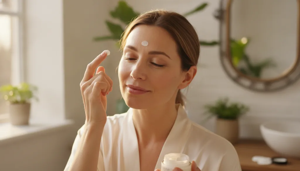 A woman gently applying the Aspirin and Vaseline paste to her forehead focusing on an area with fine lines