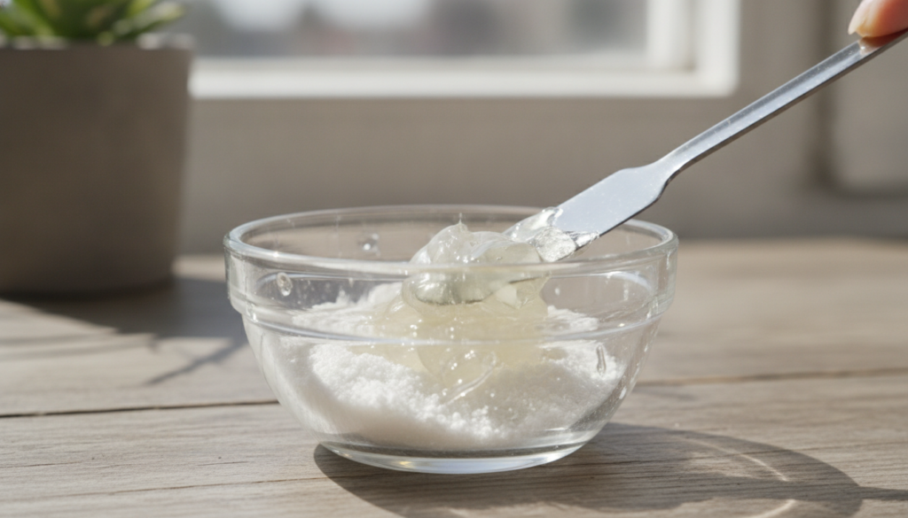 A close-up of a small bowl where crushed Aspirin powder is being mixed with Vaseline to create a smooth paste