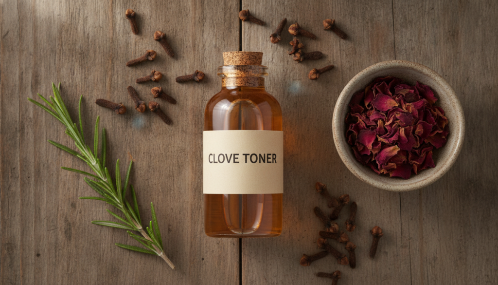 A collection of fresh cloves a glass bottle of homemade toner and other natural ingredients like rose petals and witch h