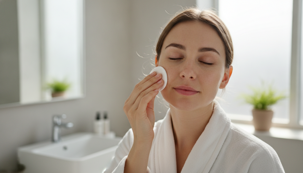 A woman gently applying a homemade toner to her face with a cotton pad in a well-lit bathroom with natural light filteri
