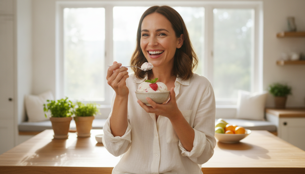 A woman happily enjoying a bowl of lychee ice cream with a radiant smile implying good skin and a healthy lifestyle