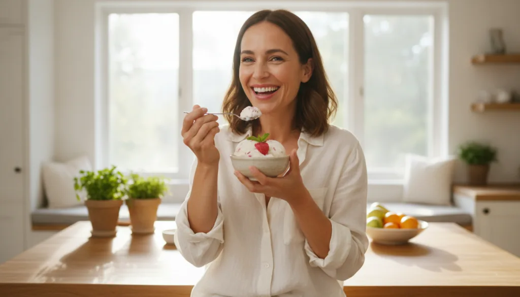 A woman happily enjoying a bowl of lychee ice cream with a radiant smile implying good skin and a healthy lifestyle