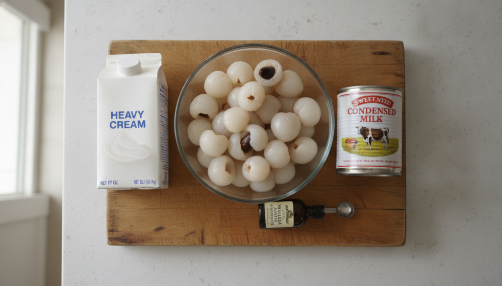 Ingredients for homemade lychee ice cream laid out on a kitchen counter fresh lychees heavy cream condensed milk and a s