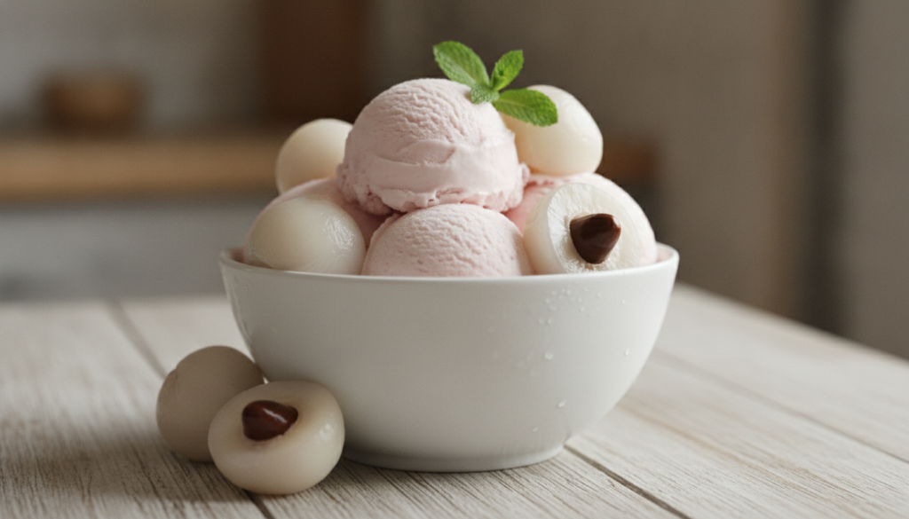 A beautiful bowl of homemade lychee ice cream garnished with fresh lychee fruits and perhaps a mint leaf looking creamy 