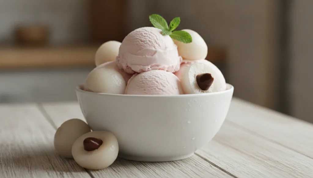 A beautiful bowl of homemade lychee ice cream garnished with fresh lychee fruits and perhaps a mint leaf looking creamy 