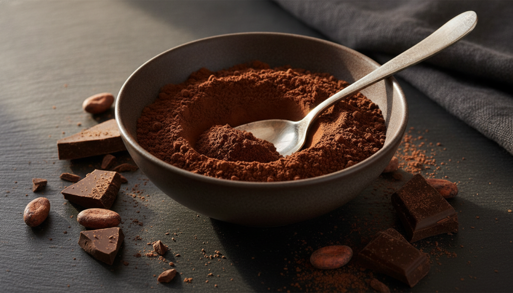 A bowl of rich dark cocoa powder with a spoon surrounded by dark chocolate pieces emphasizing the ingredient s natural b