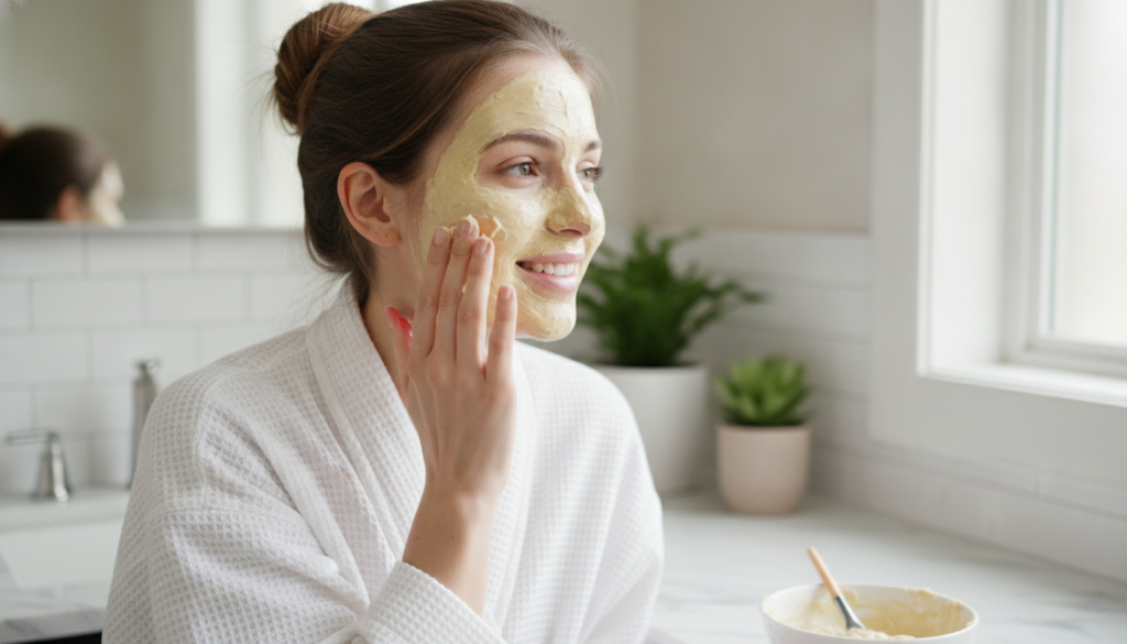 A woman gently applying a creamy banana-based face mask to her radiant skin with a serene and happy expression in a brig