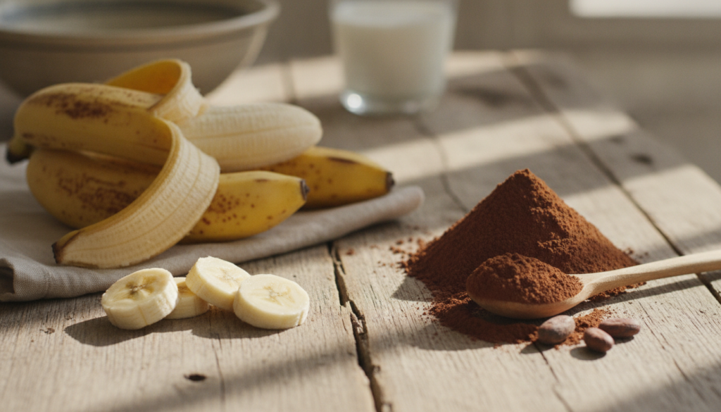 A close-up shot of ripe bananas and cocoa powder arranged beautifully on a rustic wooden table suggesting natural ingred