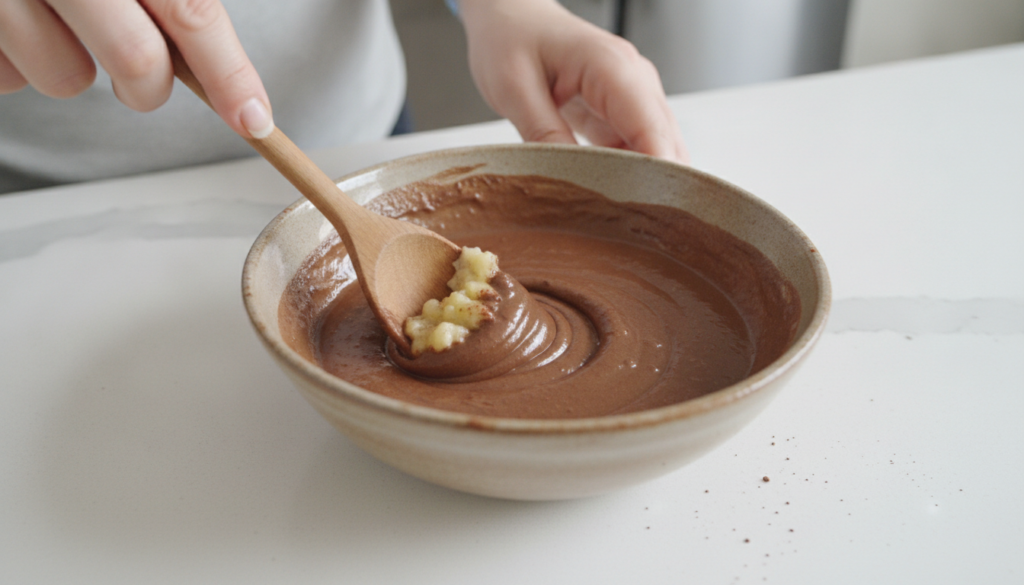 Hands mixing mashed banana and cocoa powder in a ceramic bowl to create a smooth creamy face mask with ingredients clear