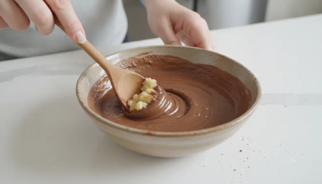 Hands mixing mashed banana and cocoa powder in a ceramic bowl to create a smooth creamy face mask with ingredients clear