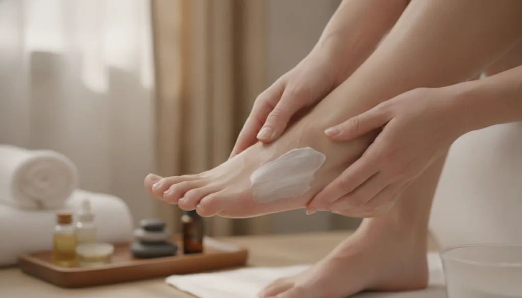 A close-up of hands gently massaging a hydrating cream into a person s dry heel showing visible relief and softness The 