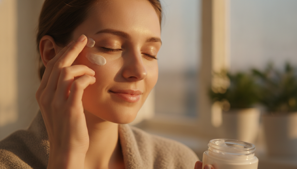 A woman gently applying a small amount of the Vaseline and aspirin paste to her clean face in the evening focusing on ar