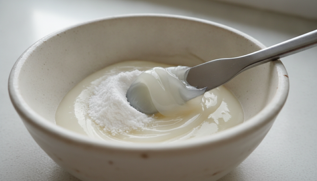 Close-up of a small bowl containing crushed white aspirin powder being mixed with clear petroleum jelly using a spatula 