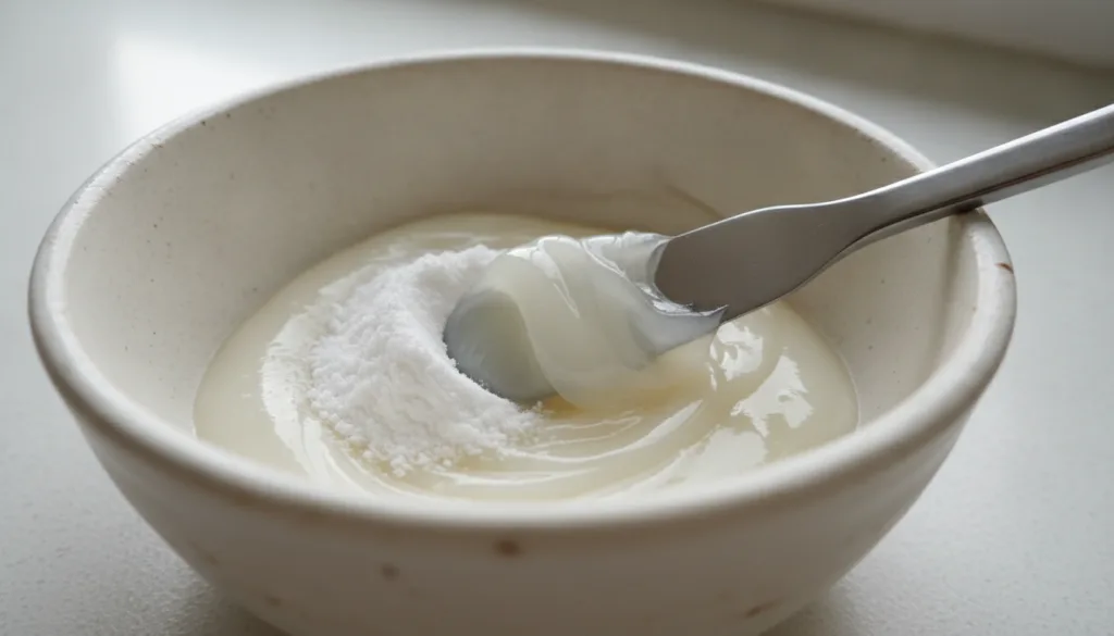 Close-up of a small bowl containing crushed white aspirin powder being mixed with clear petroleum jelly using a spatula 