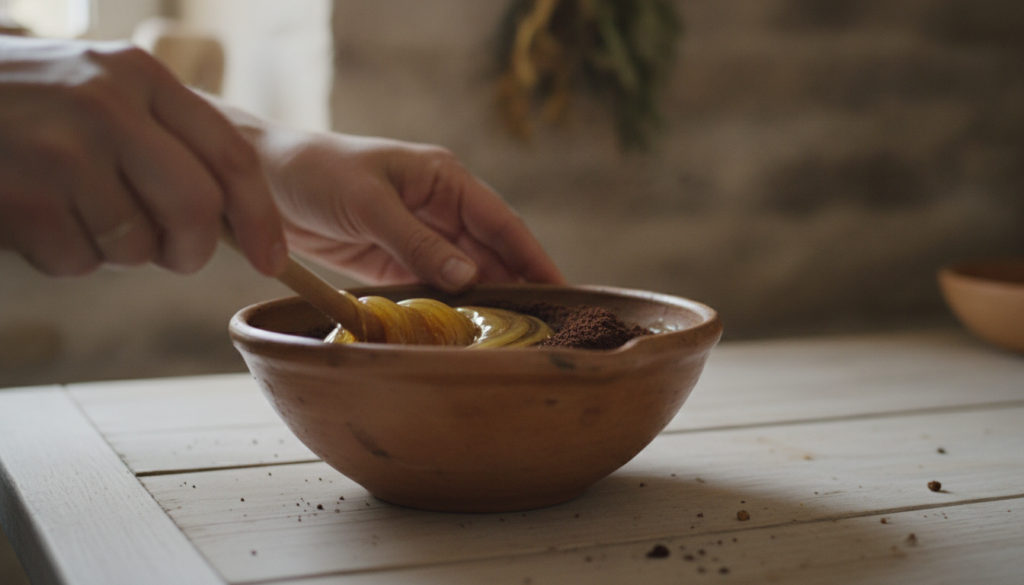 Close-up of hands mixing coffee grounds and honey in a small ceramic bowl to make a face mask The ingredients are natura