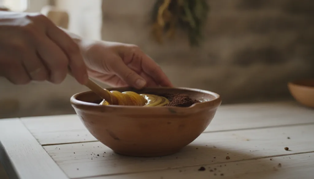 Close-up of hands mixing coffee grounds and honey in a small ceramic bowl to make a face mask The ingredients are natura