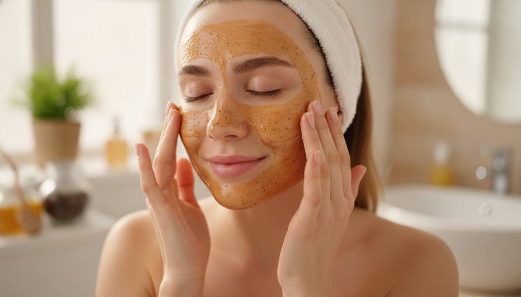 A woman gently applying a coffee and honey face mask to her face in a bathroom smiling softly with a natural and relaxed