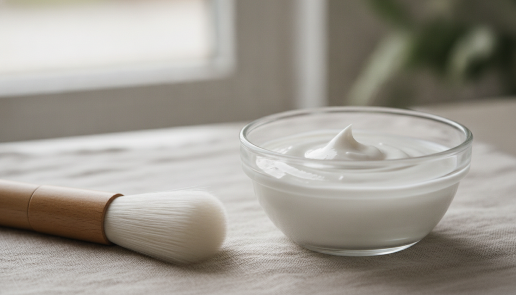 Close-up shot of a small glass bowl containing a creamy white homemade face mask mixture with a clean application brush 