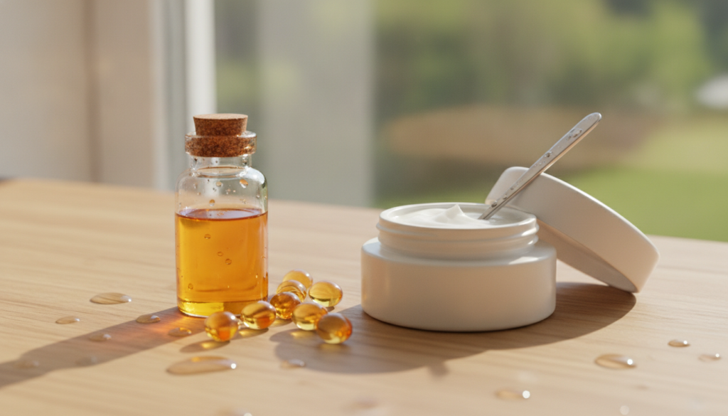 A still life composition showing a small bottle of rosehip oil a few Vitamin E capsules and a jar of generic face cream 