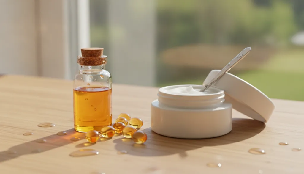 A still life composition showing a small bottle of rosehip oil a few Vitamin E capsules and a jar of generic face cream 