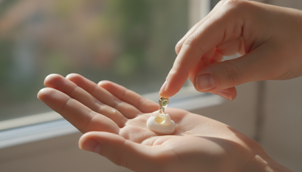 A woman gently mixing an oil from a small capsule into a dollop of face cream on her palm with a soft warm light