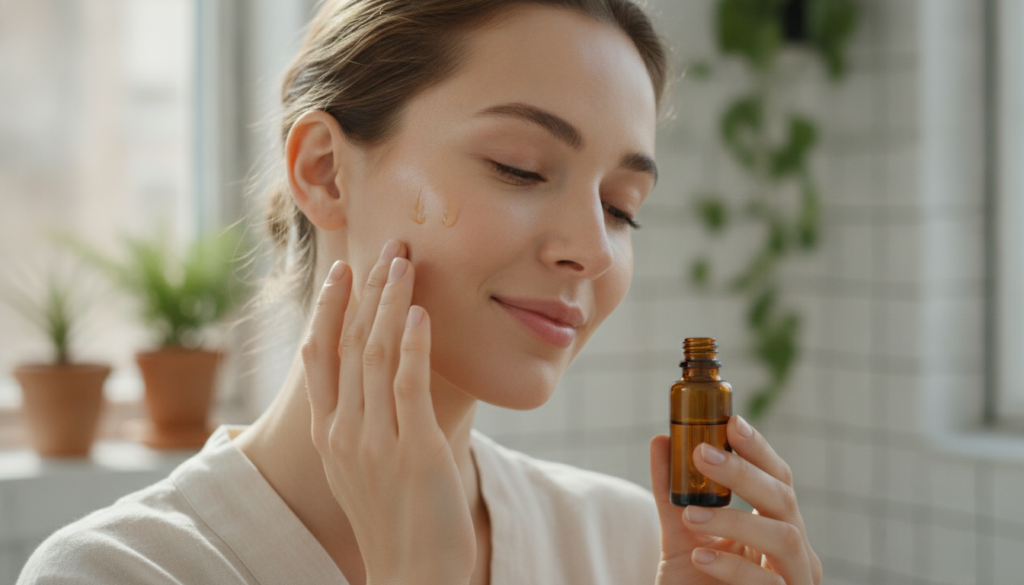 A woman gently massaging a few drops of facial oil onto her clean face with a soft radiant glow on her skin implying the