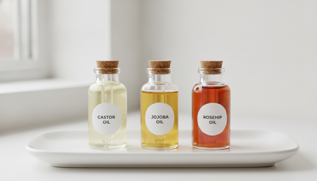 Various small bottles of natural oils like castor oil jojoba oil and rosehip oil arranged on a clean white surface ready