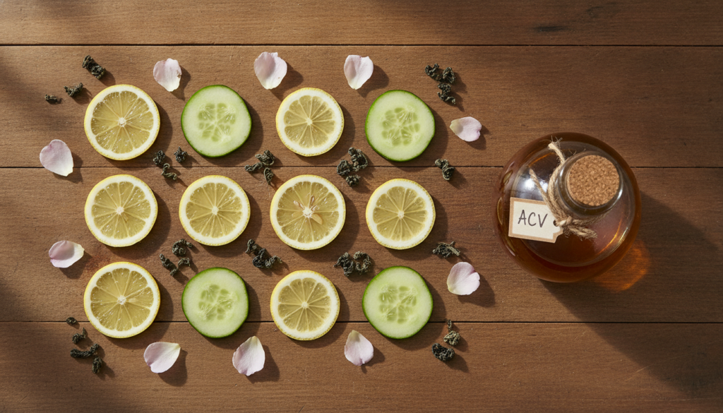 Various natural ingredients for toners laid out such as lemon cucumber slices rose petals green tea leaves and a bottle 