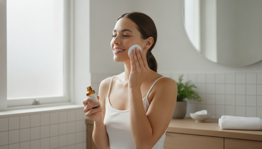 A woman gently applying a homemade toner to her face with a cotton pad in a brightly lit bathroom