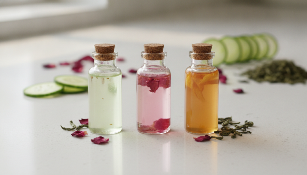 Three small bottles of homemade toners cucumber rose and green tea with their respective natural ingredients in the back