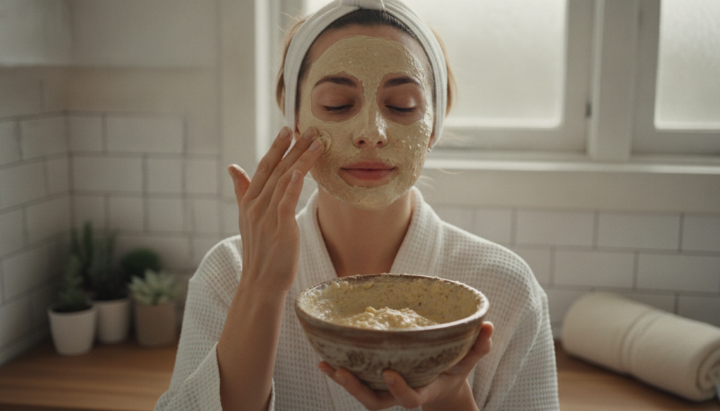A woman gently applying the homemade Vaseline and beauty capsule mix to her face with her fingertips showing a focused a