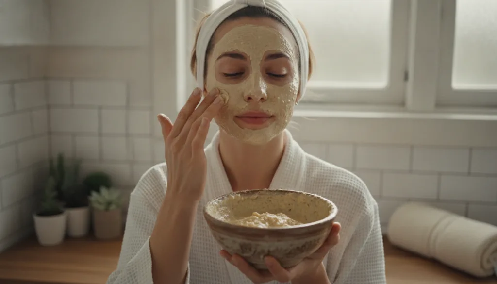 A woman gently applying the homemade Vaseline and beauty capsule mix to her face with her fingertips showing a focused a