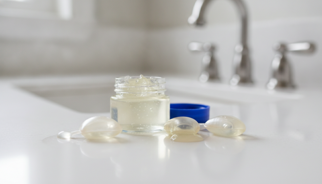 A close-up shot of a small container of Vaseline and several beauty capsules e g Vitamin E collagen on a clean light sur