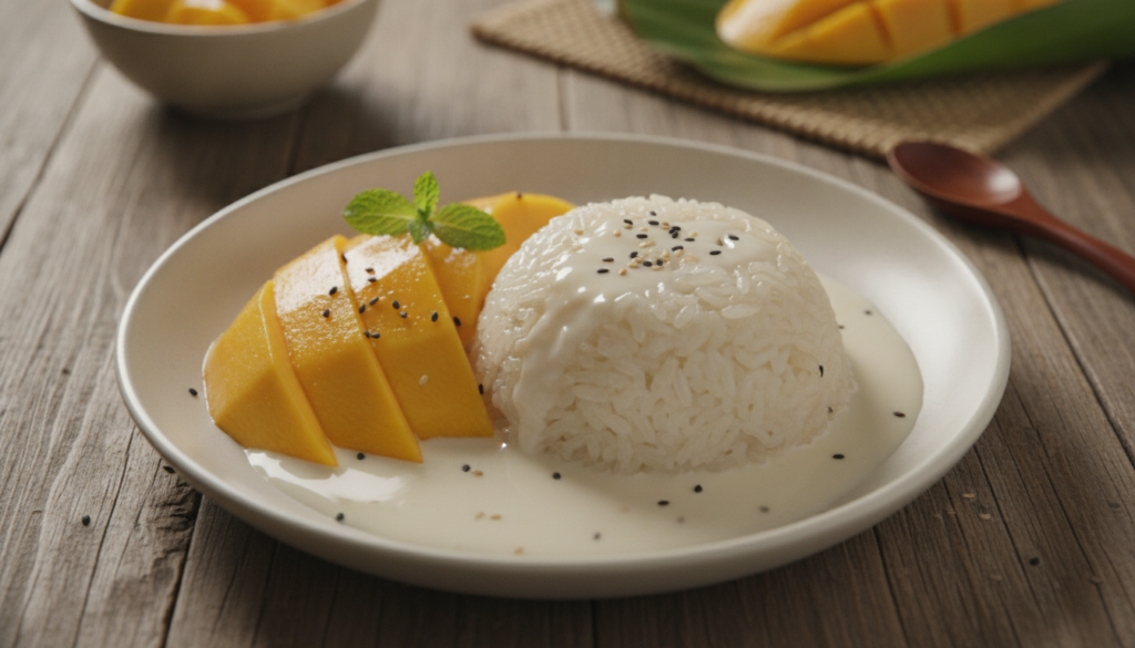 A beautifully arranged plate of mango sticky rice with slices of fresh mango next to a mound of sticky rice drizzled wit