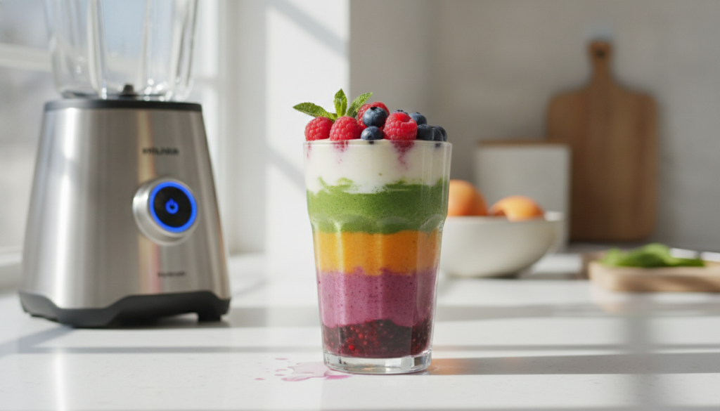 A vibrant colorful vegan smoothie or smoothie bowl next to a modern blender in a bright kitchen setting