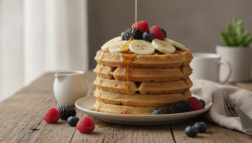 A stack of golden brown banana oat waffles topped with fresh banana slices berries and a drizzle of maple syrup on a rus