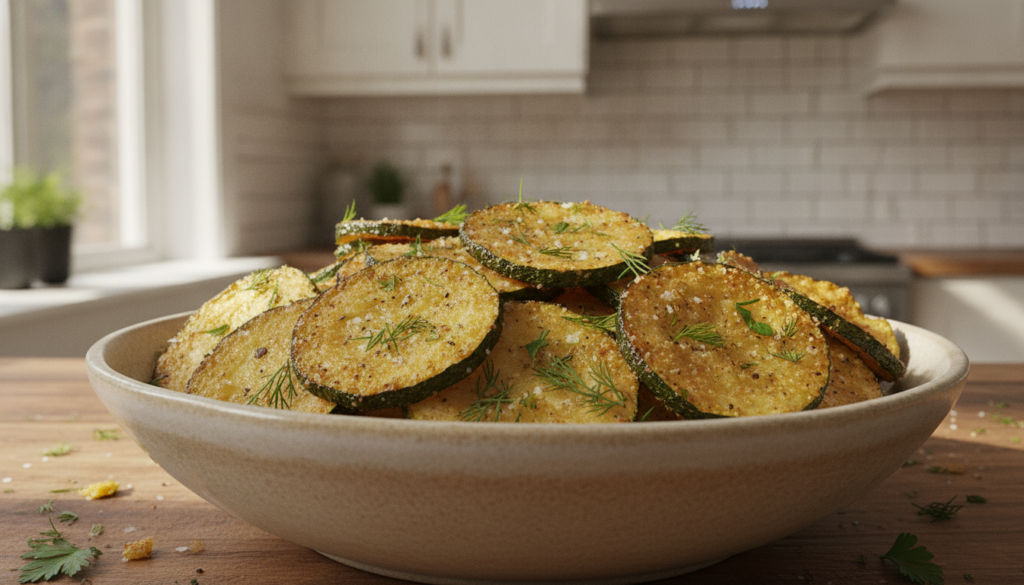 A close-up shot of a bowl filled with perfectly golden crispy baked zucchini chips garnished with fresh herbs The chips 