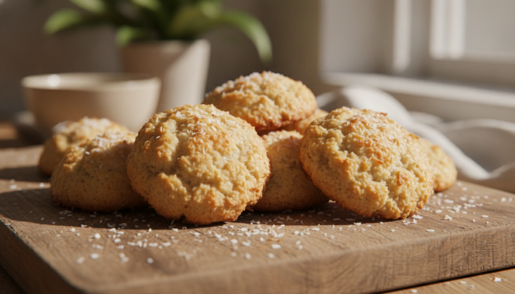 A close-up shot of several golden-brown perfectly baked 3-ingredient coconut cookies on a rustic wooden board garnished 