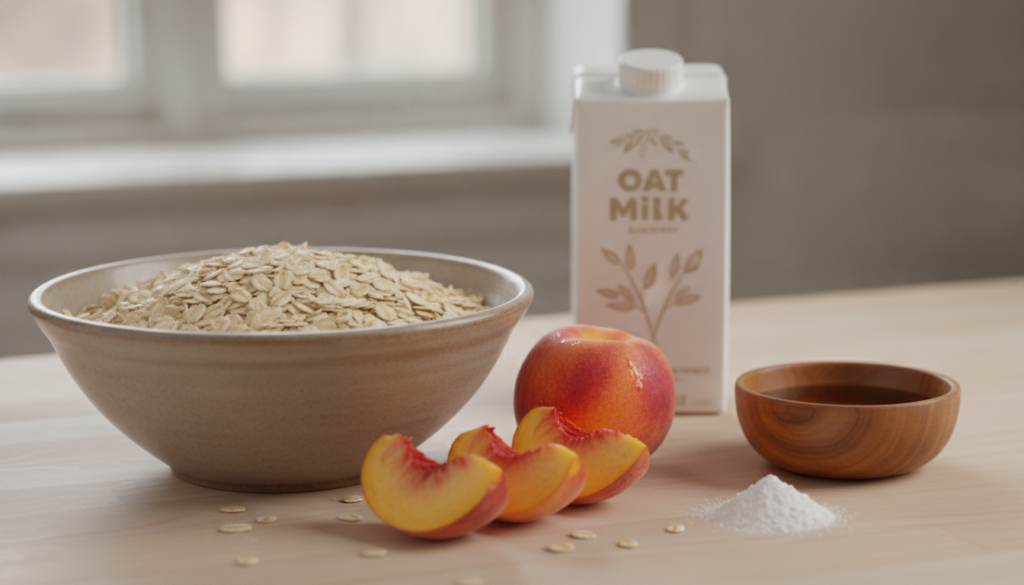 Ingredients for peach oat cake laid out on a kitchen counter rolled oats fresh peaches plant milk sweetener and baking p
