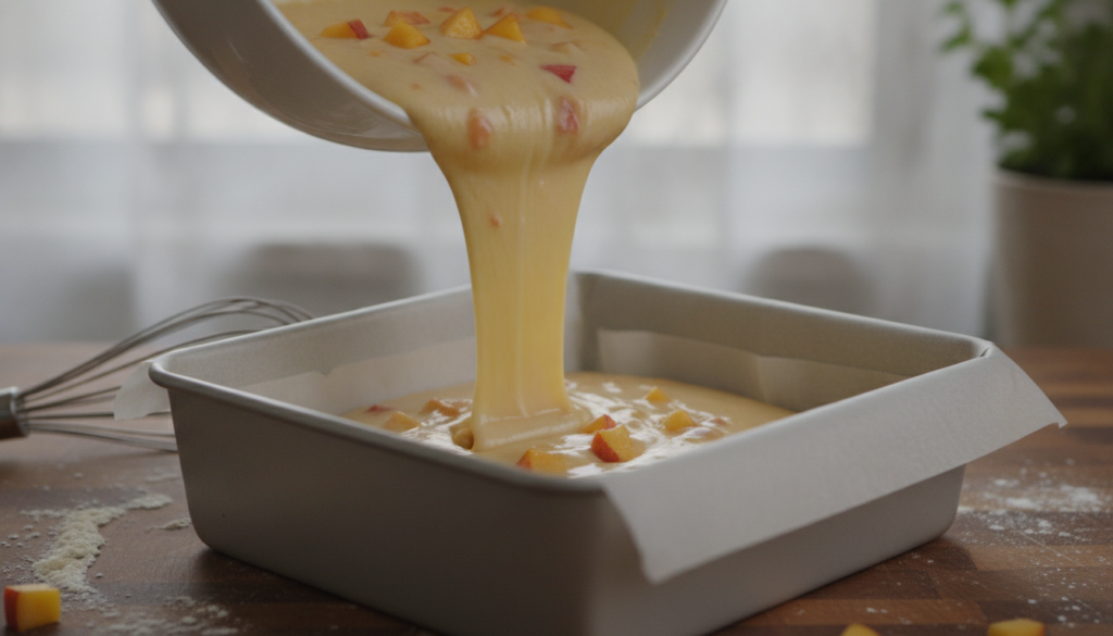 A close-up of batter being poured into a baking pan with diced peaches visible within the batter