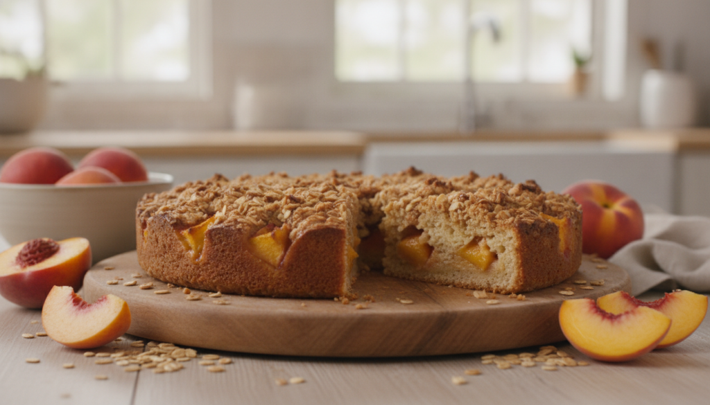 A beautifully baked peach oat cake sliced with fresh peaches and oats sprinkled around on a light background