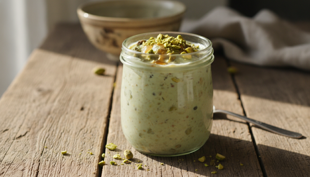 A beautiful jar of pistachio overnight oats layered and garnished with fresh pistachios and perhaps a drizzle of maple s
