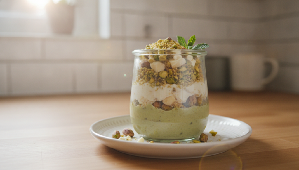 A beautiful glass jar filled with creamy pistachio and white chocolate overnight oats topped with chopped pistachios whi
