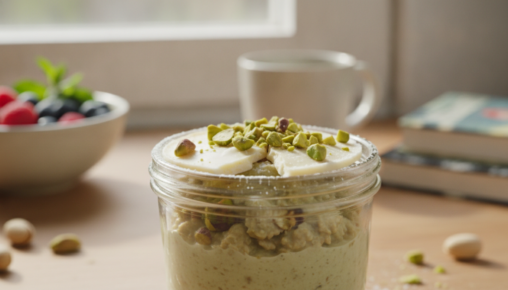 A beautiful close-up of pistachio white chocolate overnight oats in a clear jar topped with a cracked white chocolate sh