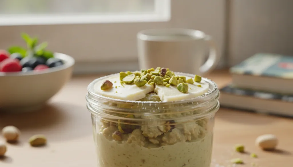 A beautiful close-up of pistachio white chocolate overnight oats in a clear jar topped with a cracked white chocolate sh