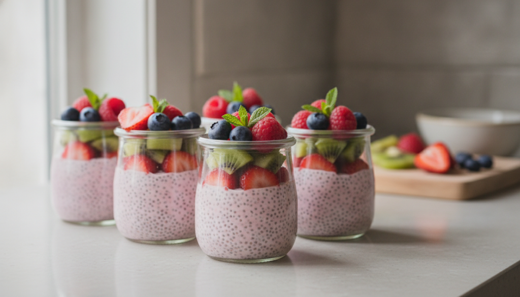 Individual servings of strawberry chia pudding in small glass jars ready for meal prep arranged neatly on a kitchen coun