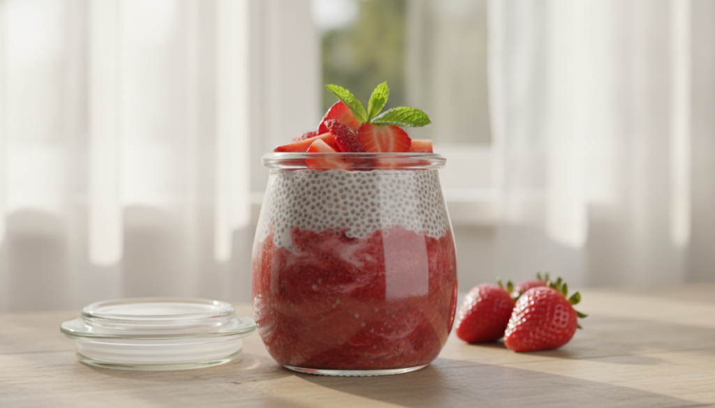 A beautiful creamy strawberry chia pudding served in a clear glass jar topped with fresh whole and sliced strawberries a