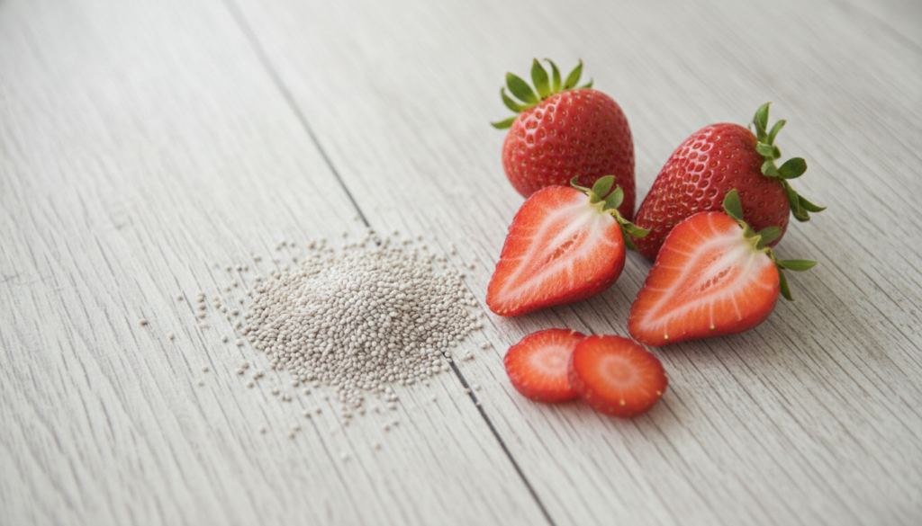 A close-up of a bowl filled with white chia seeds and a handful of fresh vibrant red strawberries next to it on a rustic