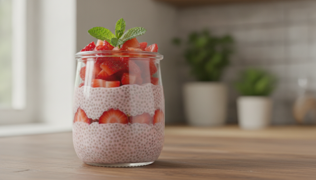 A vibrant appetizing close-up of a strawberry milkshake chia pudding served in a clear glass jar or bowl topped with fre