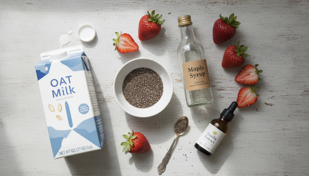 A flat lay of the ingredients for strawberry chia pudding chia seeds a carton of plant-based milk fresh strawberries a s